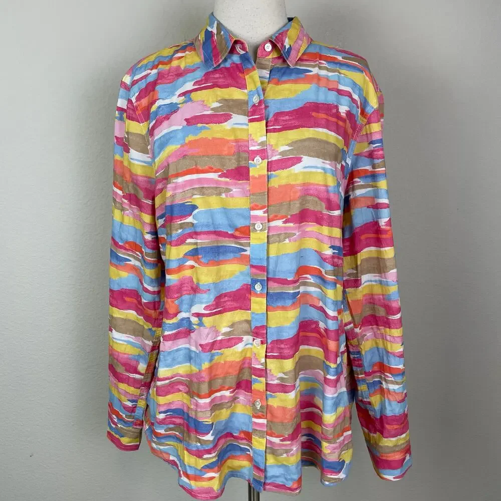 J Mclaughlin Multicolor Abstract Stripe Long Sleeve Button Top Large - Picture 2 of 8